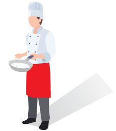 Chef holding pan in uniform and apron.